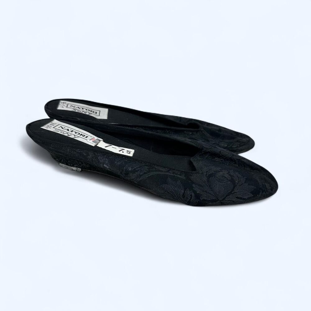Black Floral Brocade Low Wedge Mule Slippers Retro Boudoir Lounge Flats 1994